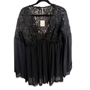 Free People Black Magdalene Crochet Tunic V-Neck Bell Sleeve OB1680351 S